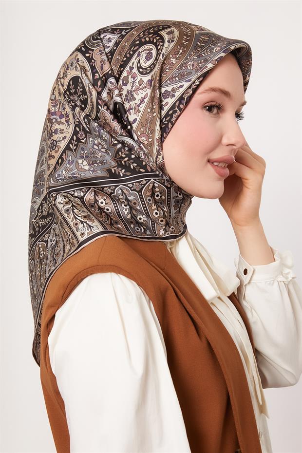 Açık Kahve Karışık Hint Desen Twill İpek Eşarp