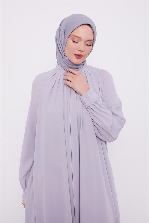 Açık Gri Omuz Büzgülü Ferace