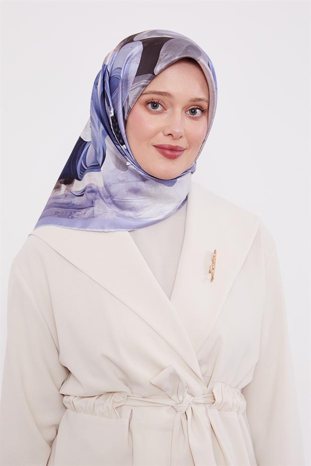 Açık Mavi Menekşe Desen Twill İpek Eşarp