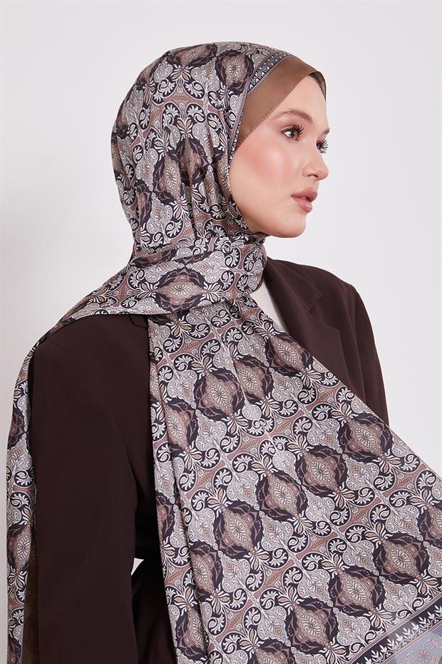 Açık Kahve Yansıma Desen Hint İpeği Şal