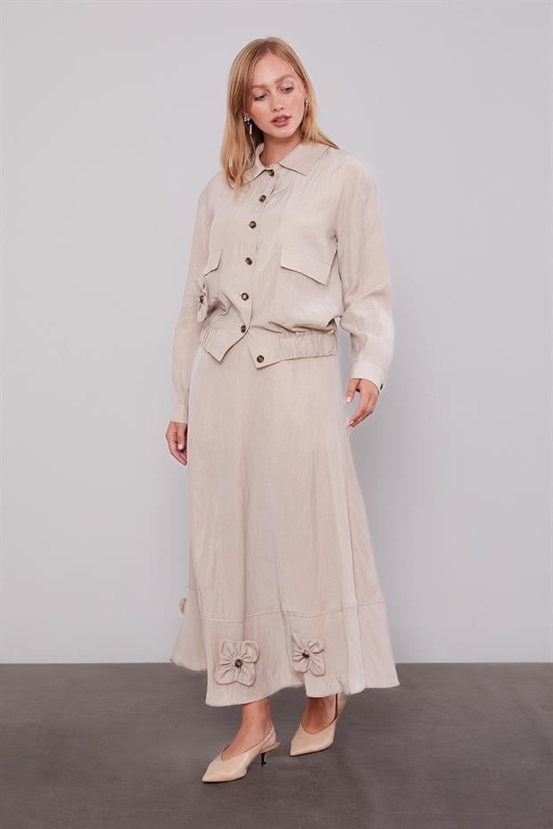 Açık Pudra Gül Detaylı Cupra Etekli Takım