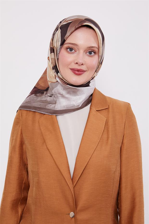 Açık Kahve Menekşe Desen Twill İpek Eşarp
