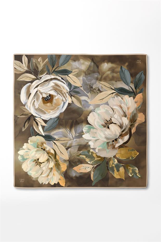 Açık Kahve Çiçek Desenli Twill İpek Eşarp