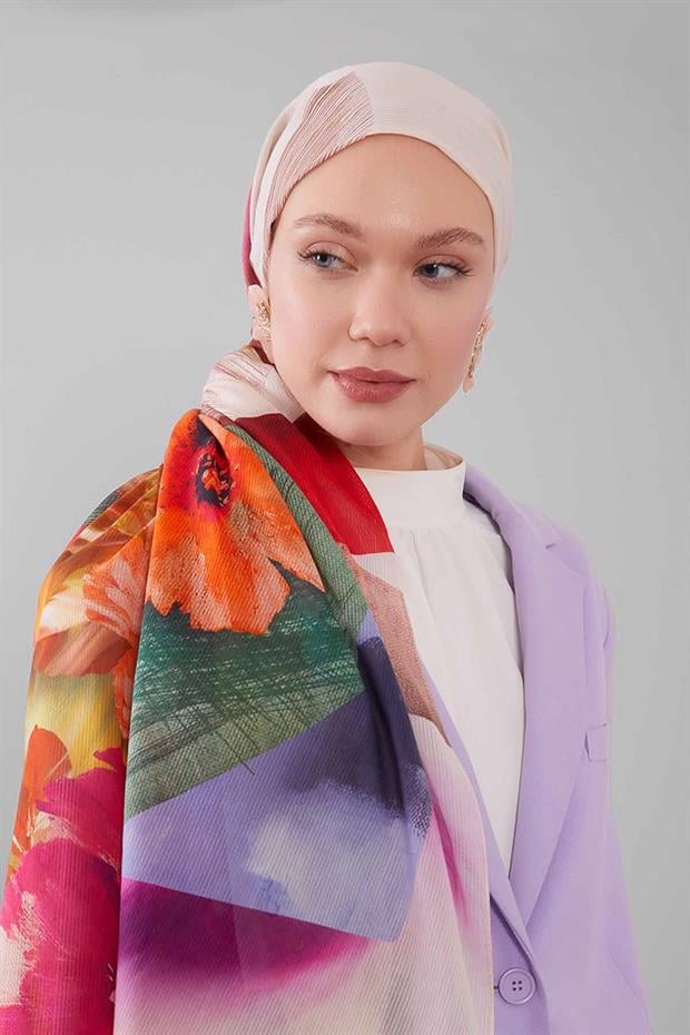 Açık Somon Karışık Çiçek Desen Pamuk Şal