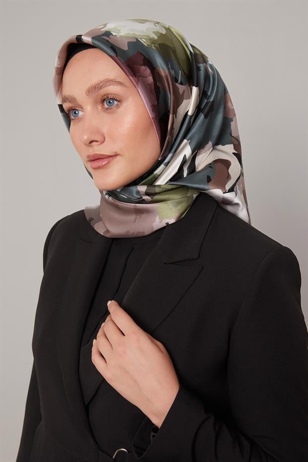 Açık Kahve Soyut Çiçek Desen Sura İpek Eşarp