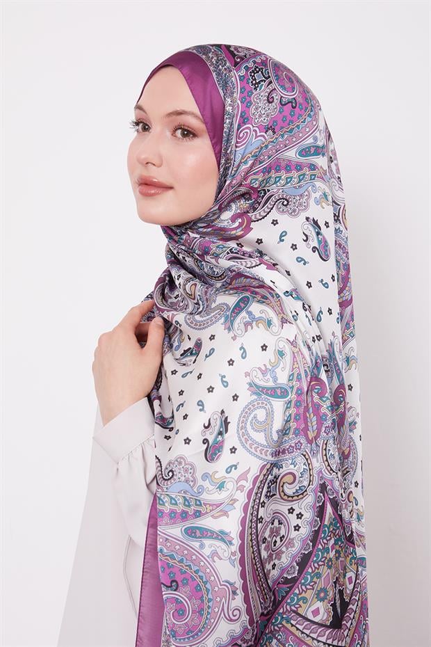 Açık Mor Karışık Desenal Hint İpeği Şal