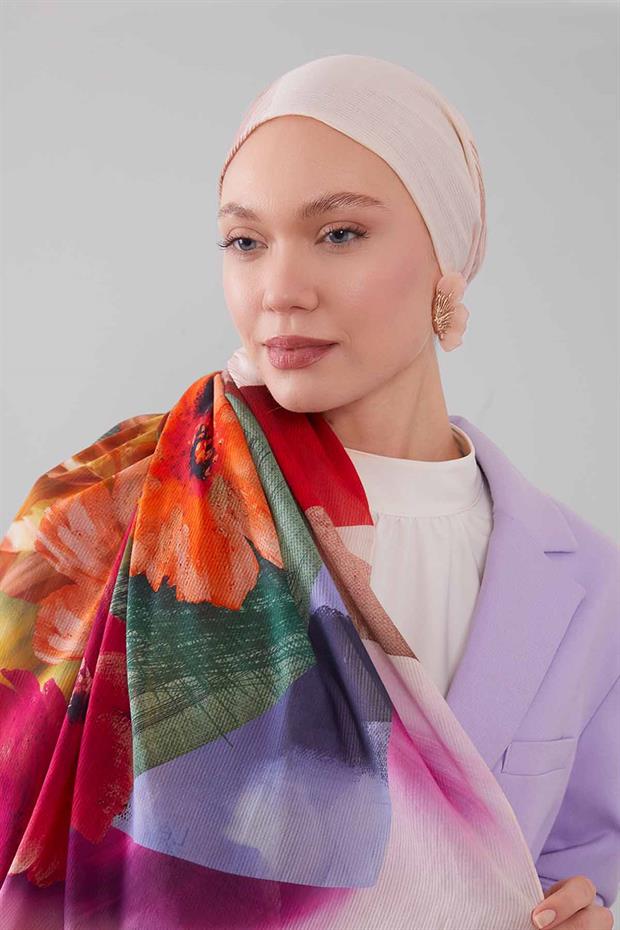 Açık Somon Karışık Çiçek Desen Pamuk Şal