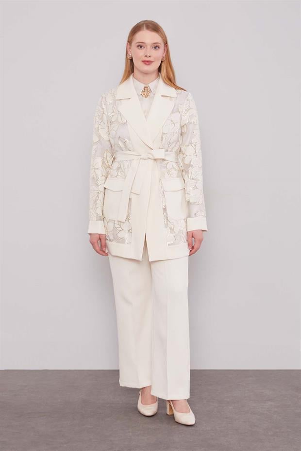 Açık Taş Belden Bağlamalı Güpür Detaylı İkili Takım