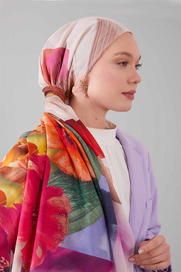 Açık Somon Karışık Çiçek Desen Pamuk Şal