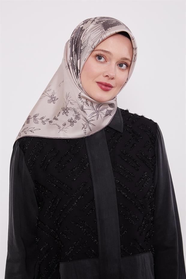 Açık Kahve Soyut Gül Desen Twill İpek Eşarp