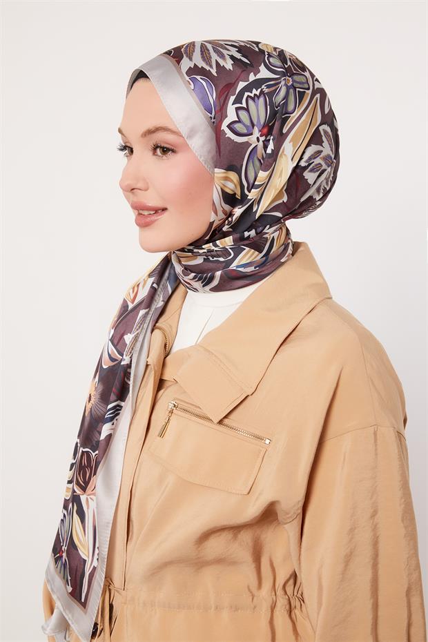 Açık Gri Petunya Desen Hint İpeği Şal