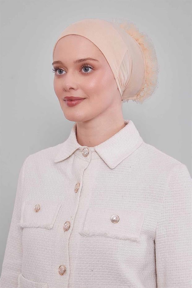 Açık Bej Silikonlu Dikişsiz Fırfırlı Bone