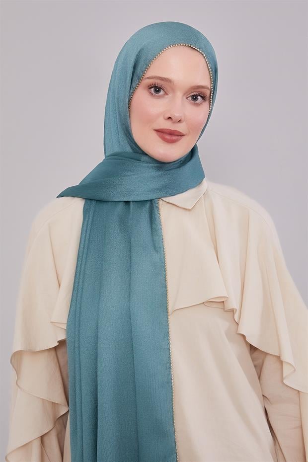 Açık Yeşil Yanları Taş Detaylı Kristal Yoryo Şal