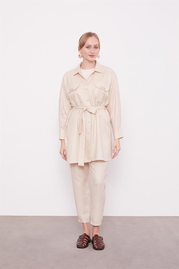 Açık Bej Taşlı Cep Detaylı İkili Takım