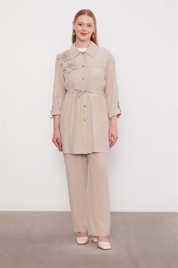 Açık Pudra İşleme Omuz Detaylı Cupra İkili Takım