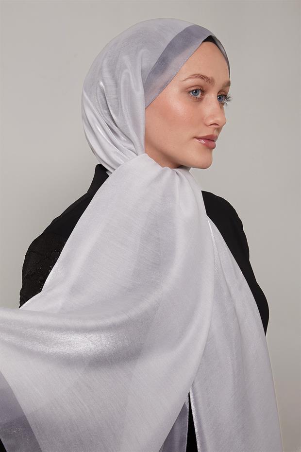 Açık Gri Şerit Desen Kehribar Şal