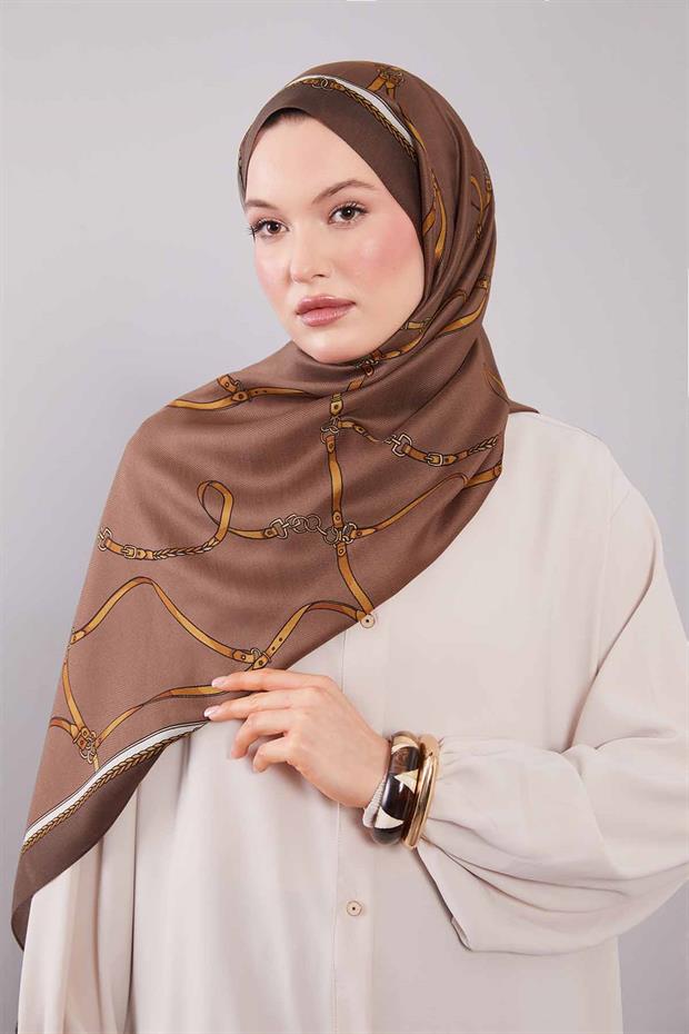 Açık Kahve Kemer Desenli Yün İpek Şal