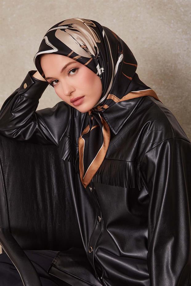 Açık Kahve Çiçek Desen Twill İpek Eşarp