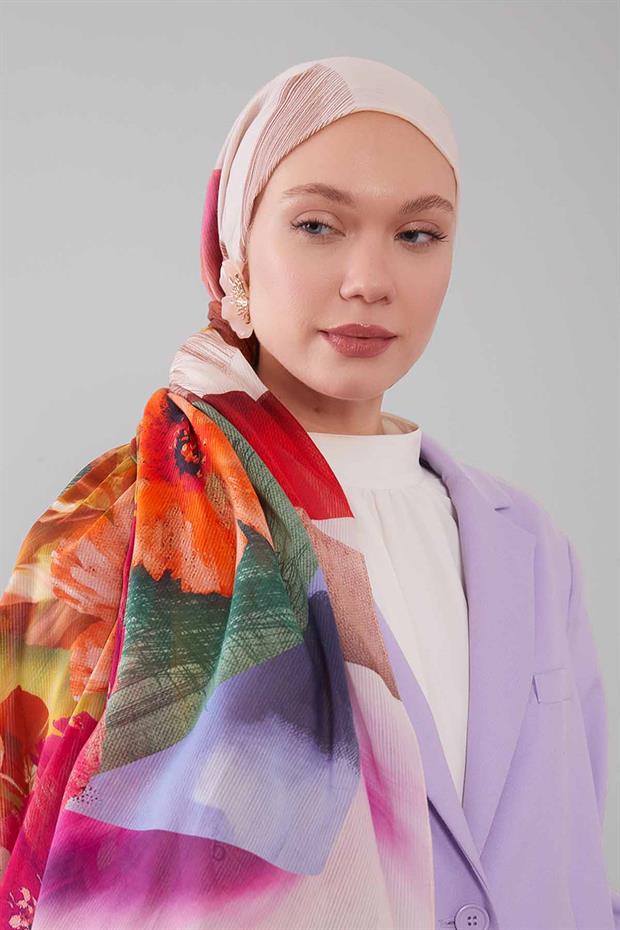 Açık Somon Karışık Çiçek Desen Pamuk Şal