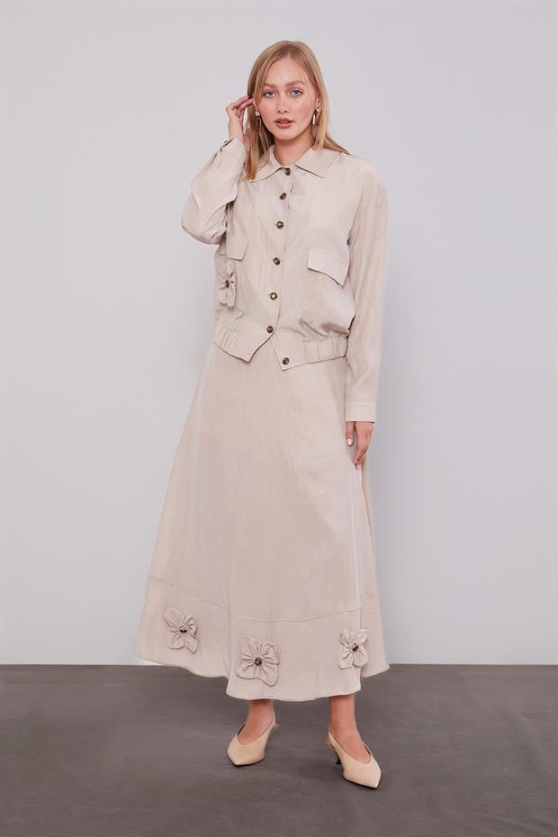 Açık Pudra Gül Detaylı Cupra Etekli Takım