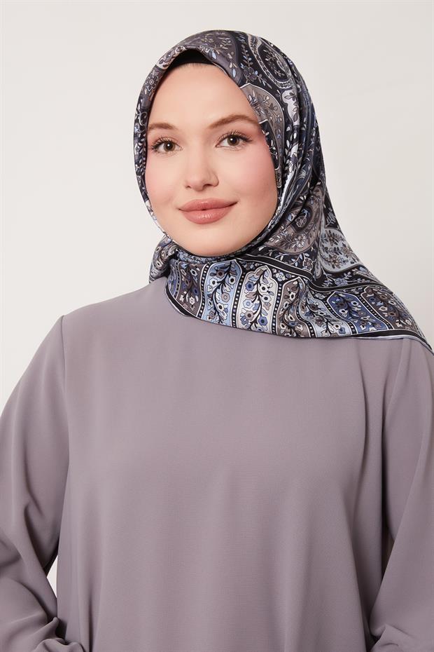 Açık Mavi Karışık Hint Desen Twill İpek Eşarp