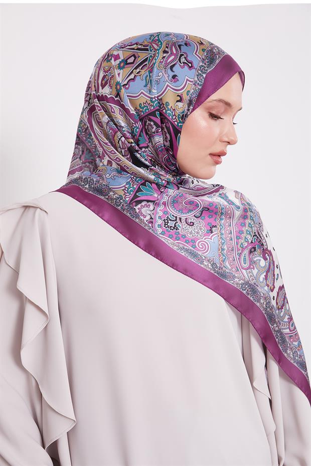 Açık Mor Karışık Desenal Hint İpeği Şal