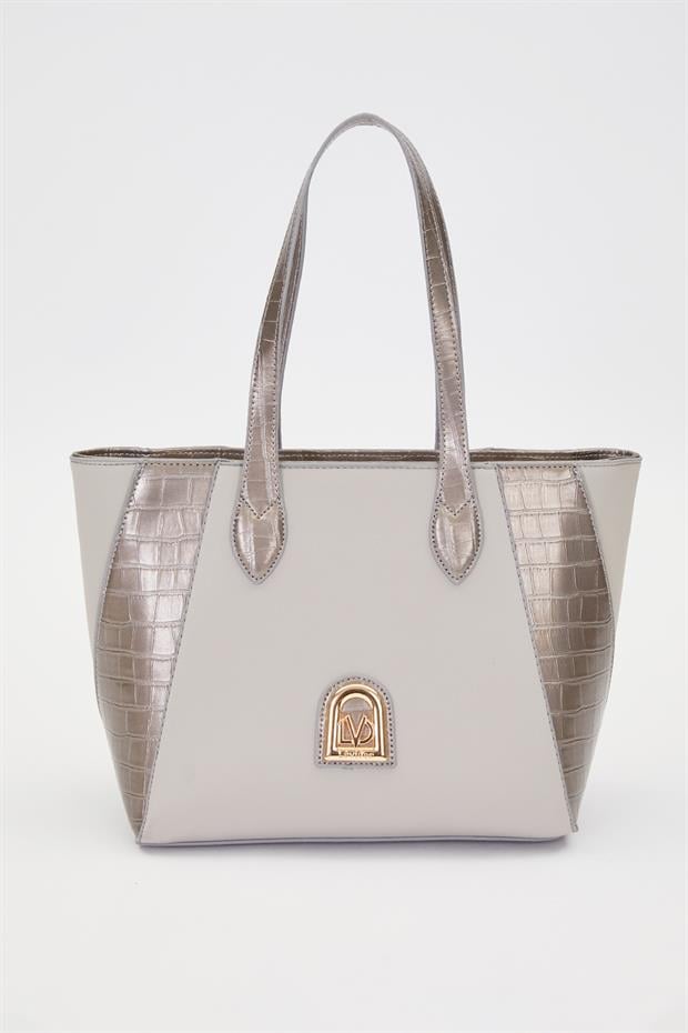 Açık Gri Deri Detay Omuz Çantası