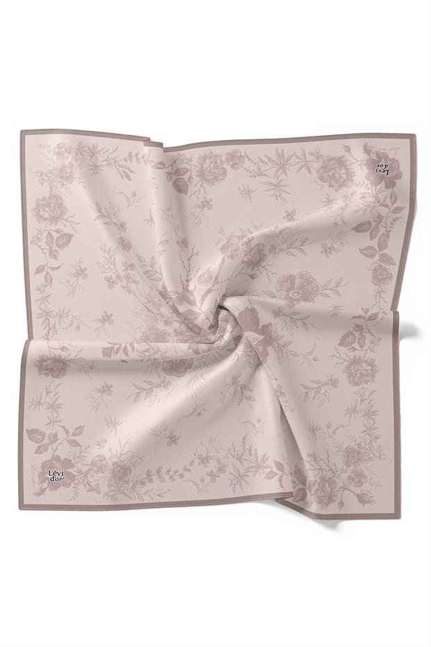 Açık Pudra Soyut Gül Desen Twill İpek Eşarp