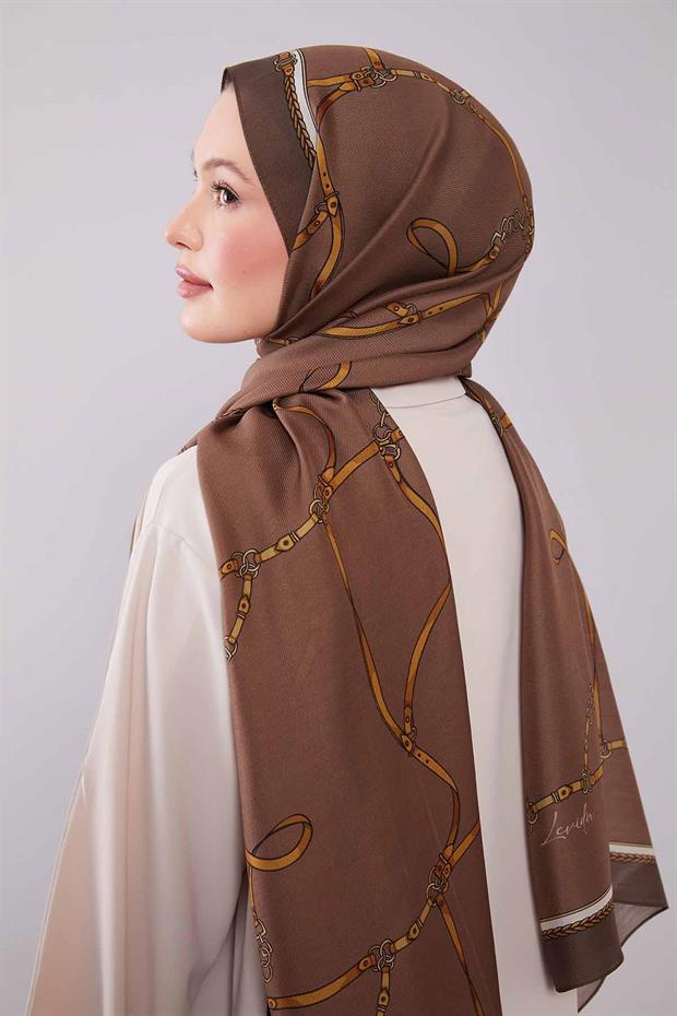 Açık Kahve Kemer Desenli Yün İpek Şal