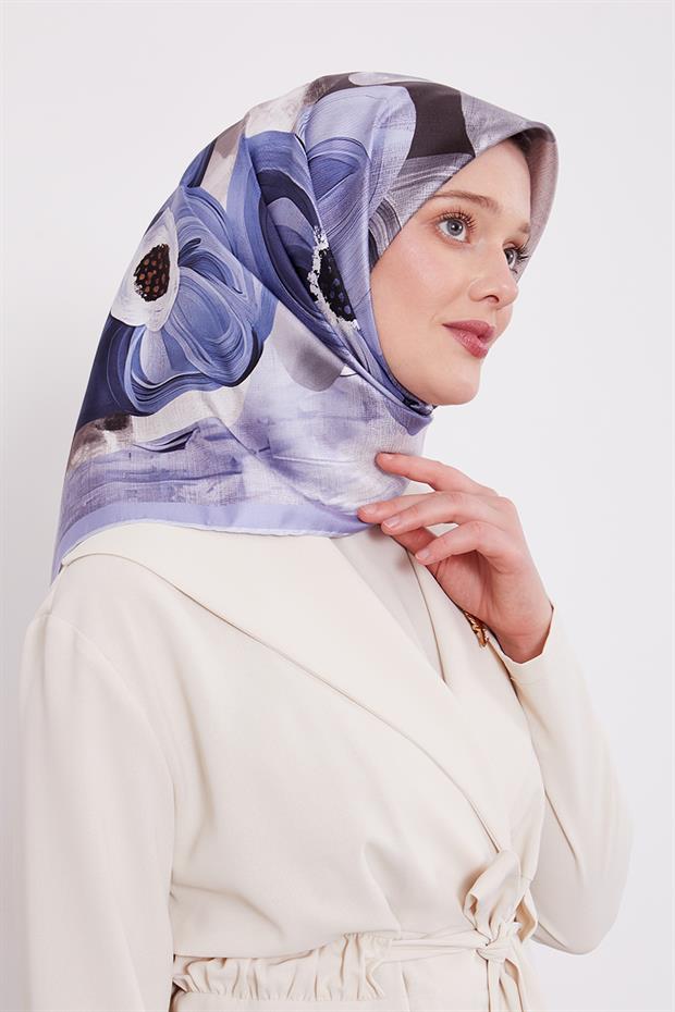 Açık Mavi Menekşe Desen Twill İpek Eşarp