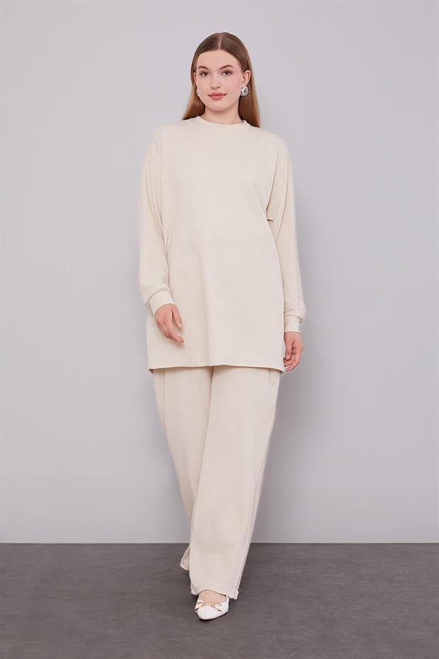 Açık Bej Omzu Taş İşlemeli İkili Takım