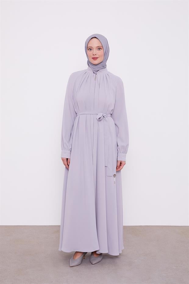 Açık Gri Omuz Büzgülü Ferace