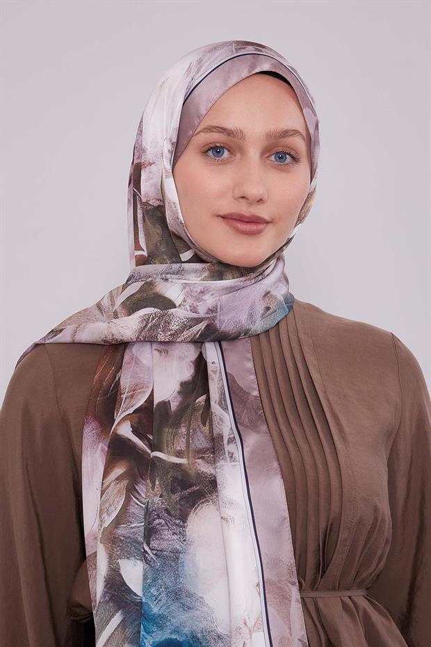 Açık Kahve Karışık Yaprak Desen Hint İpeği Şal