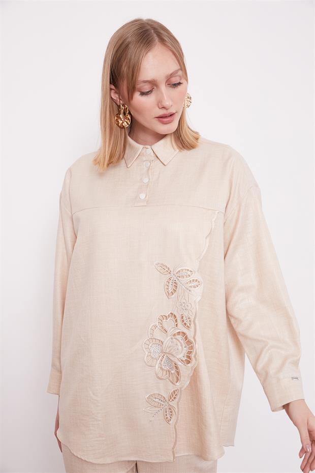 Açık Bej Nakış Gül Detaylı Tunik Takım