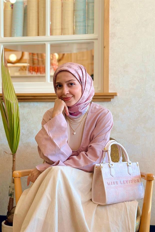 Açık Pembe Mini Yonca Desen Twill İpek Eşarp