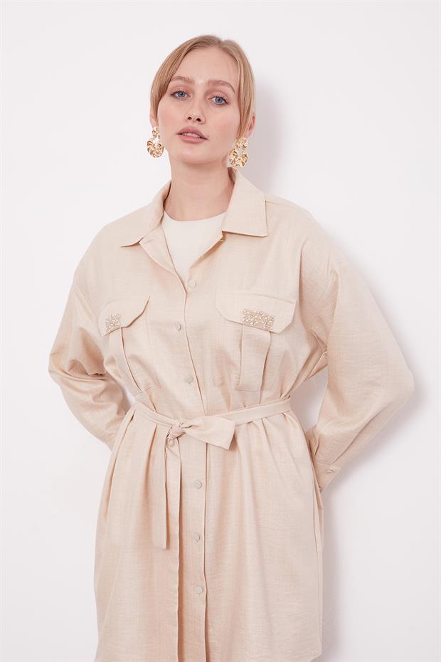 Açık Bej Taşlı Cep Detaylı İkili Takım