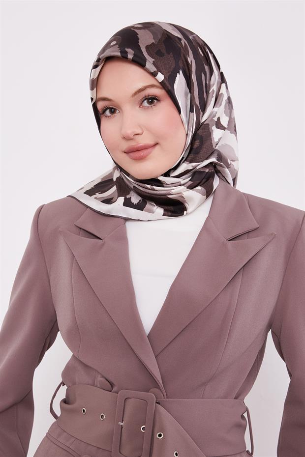 Açık Kahve Kamuflaj Desen Twill İpek Eşarp