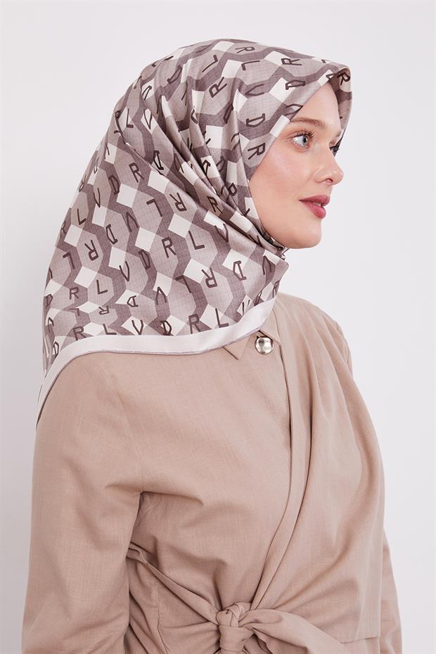 Açık Vizon Petek Baskılı Twill İpek Eşarp