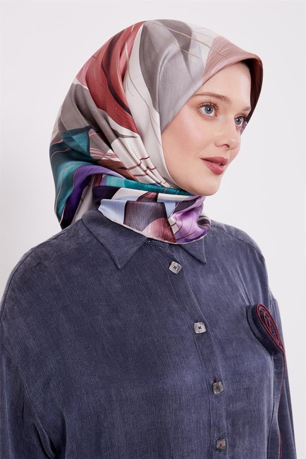 Açık Vizon İnce Yaprak Desen Twill İpek Eşarp