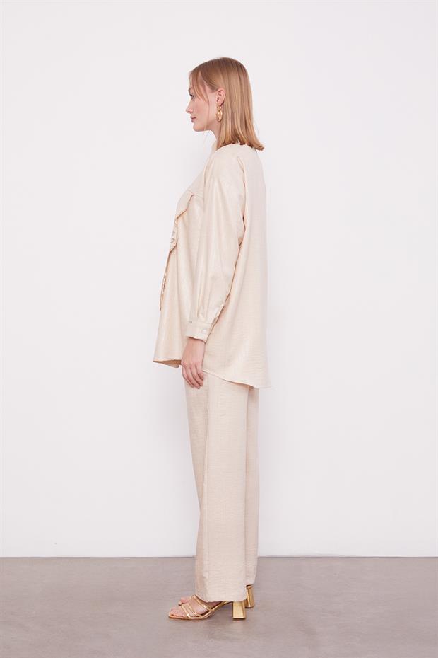 Açık Bej Nakış Gül Detaylı Tunik Takım