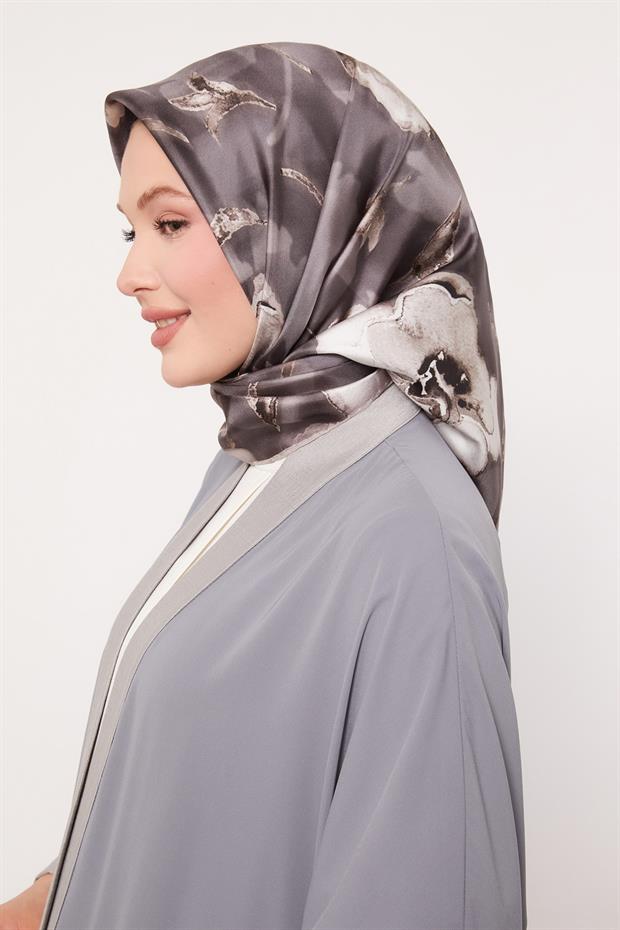 Açık Kahve Lotus Çiçek Twill İpek Eşarp