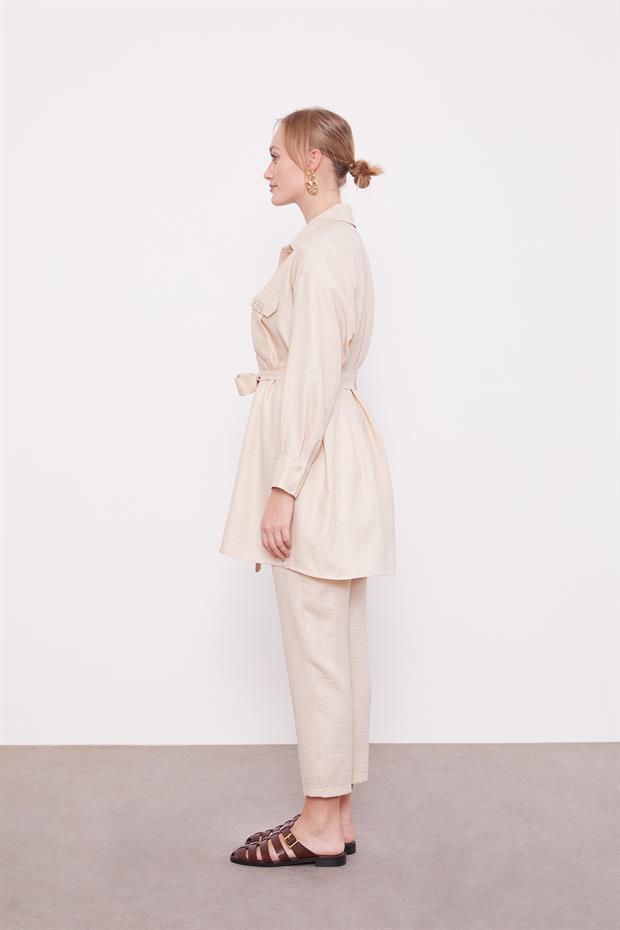 Açık Bej Taşlı Cep Detaylı İkili Takım