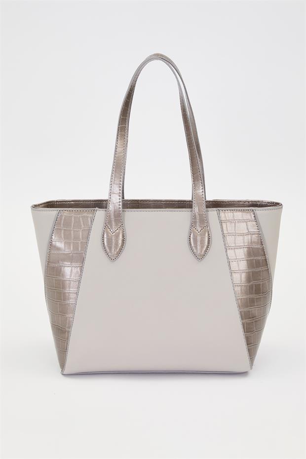 Açık Gri Deri Detay Omuz Çantası