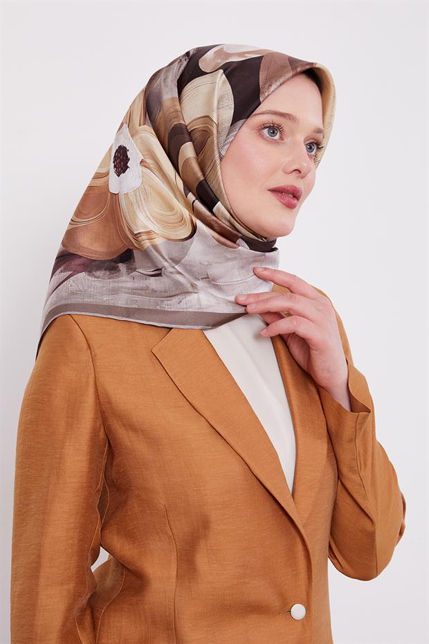 Açık Kahve Menekşe Desen Twill İpek Eşarp