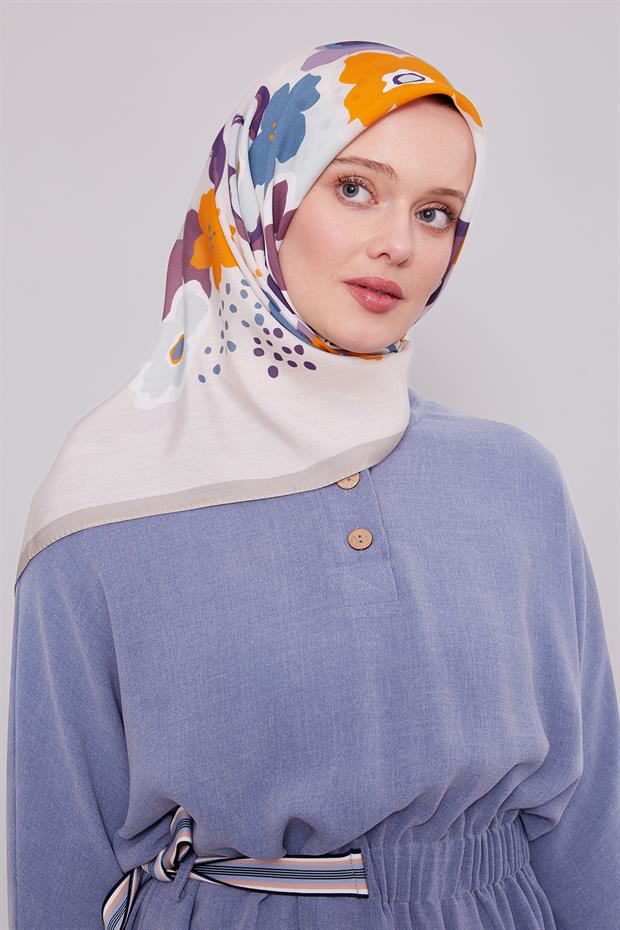Açık Gri Soyut Çiçek Desen Aura Eşarp