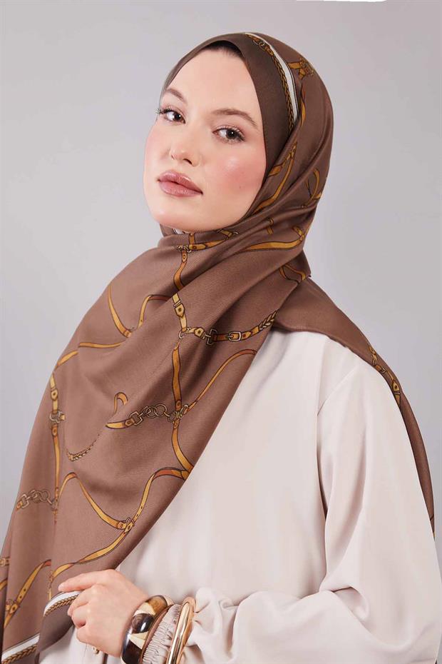 Açık Kahve Kemer Desenli Yün İpek Şal