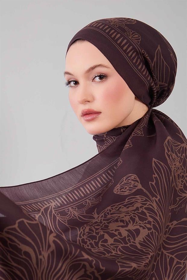 Açık Kahve Çiçek Desenli Yün İpek Şal