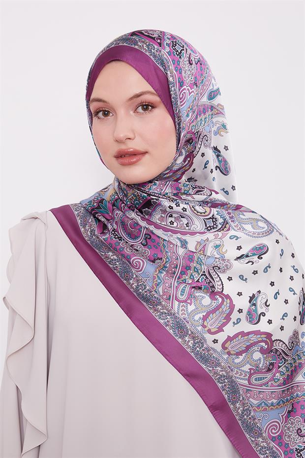 Açık Mor Karışık Desenal Hint İpeği Şal