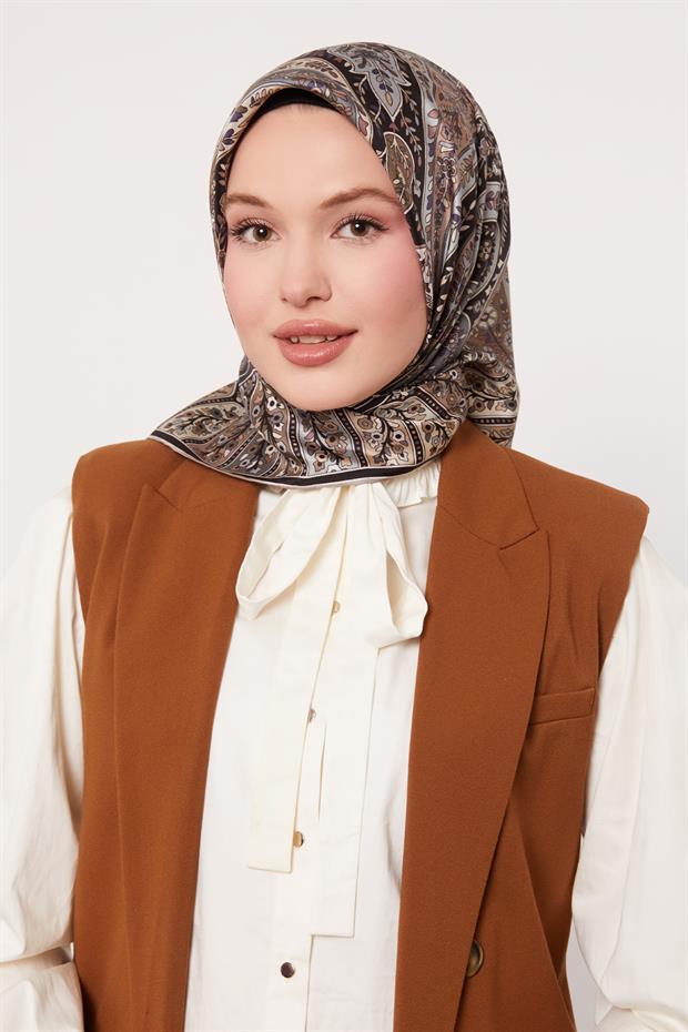 Açık Kahve Karışık Hint Desen Twill İpek Eşarp