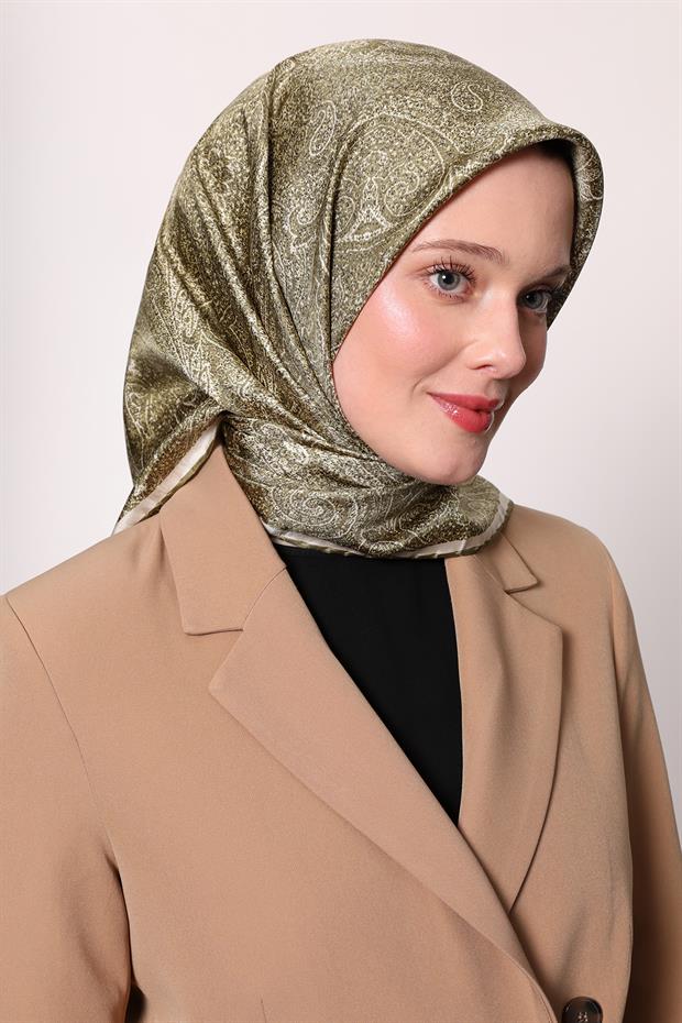 Açık Yeşil Soyut Etnik Desen Twill İpek Eşarp